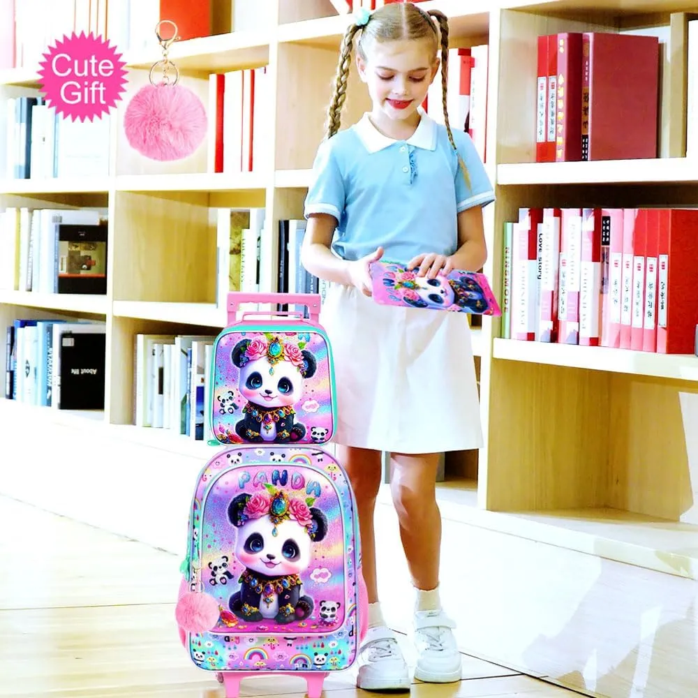 3Pcs Rolling Backpack for Girls, Kids Roller School Backpack with Wheels, Panda Wheeled Bookbag for Elementary Preschool Kindergarten(Pink)