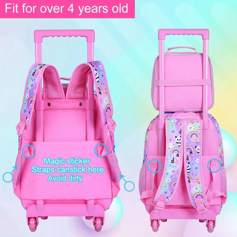 3Pcs Rolling Backpack for Girls, Kids Roller School Backpack with Wheels, Panda Wheeled Bookbag for Elementary Preschool Kindergarten(Pink)