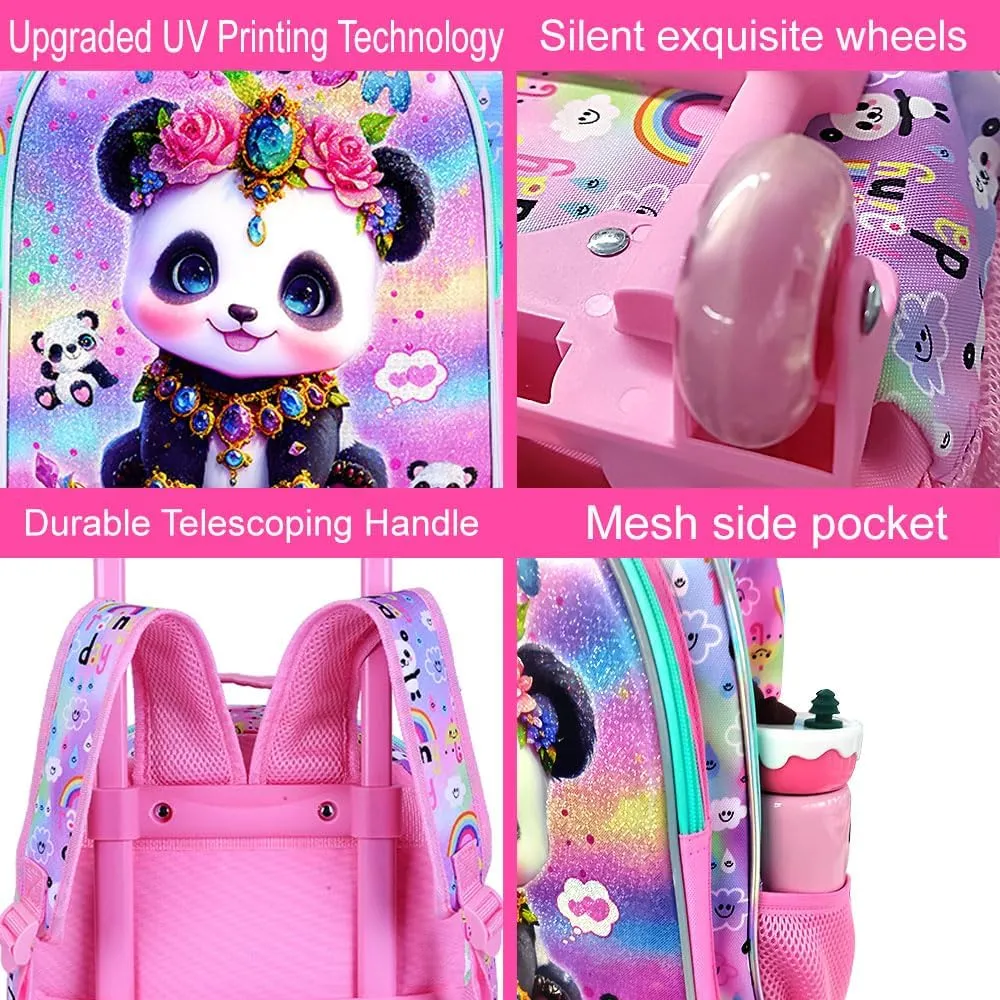 3Pcs Rolling Backpack for Girls, Kids Roller School Backpack with Wheels, Panda Wheeled Bookbag for Elementary Preschool Kindergarten(Pink)