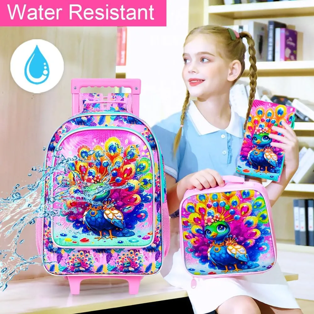 3Pcs Rolling Backpack for Girls, Kids Roller School Backpack with Wheels, Peacock Wheeled Bookbag for Elementary Preschool Kindergarten(Pink)