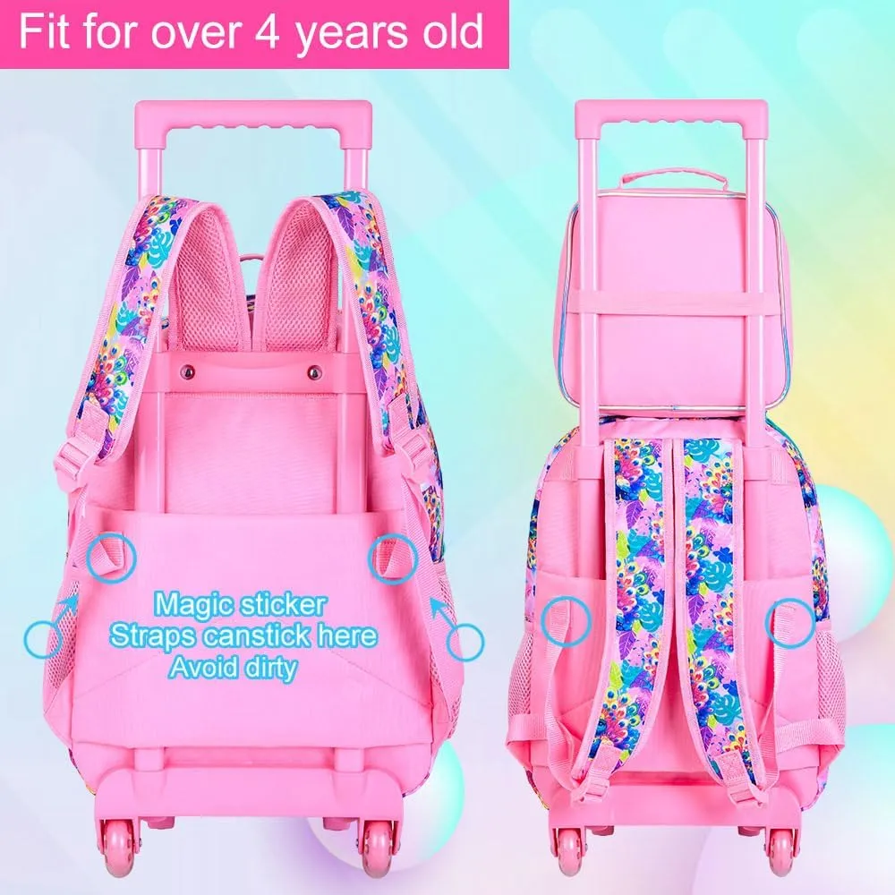 3Pcs Rolling Backpack for Girls, Kids Roller School Backpack with Wheels, Peacock Wheeled Bookbag for Elementary Preschool Kindergarten(Pink)
