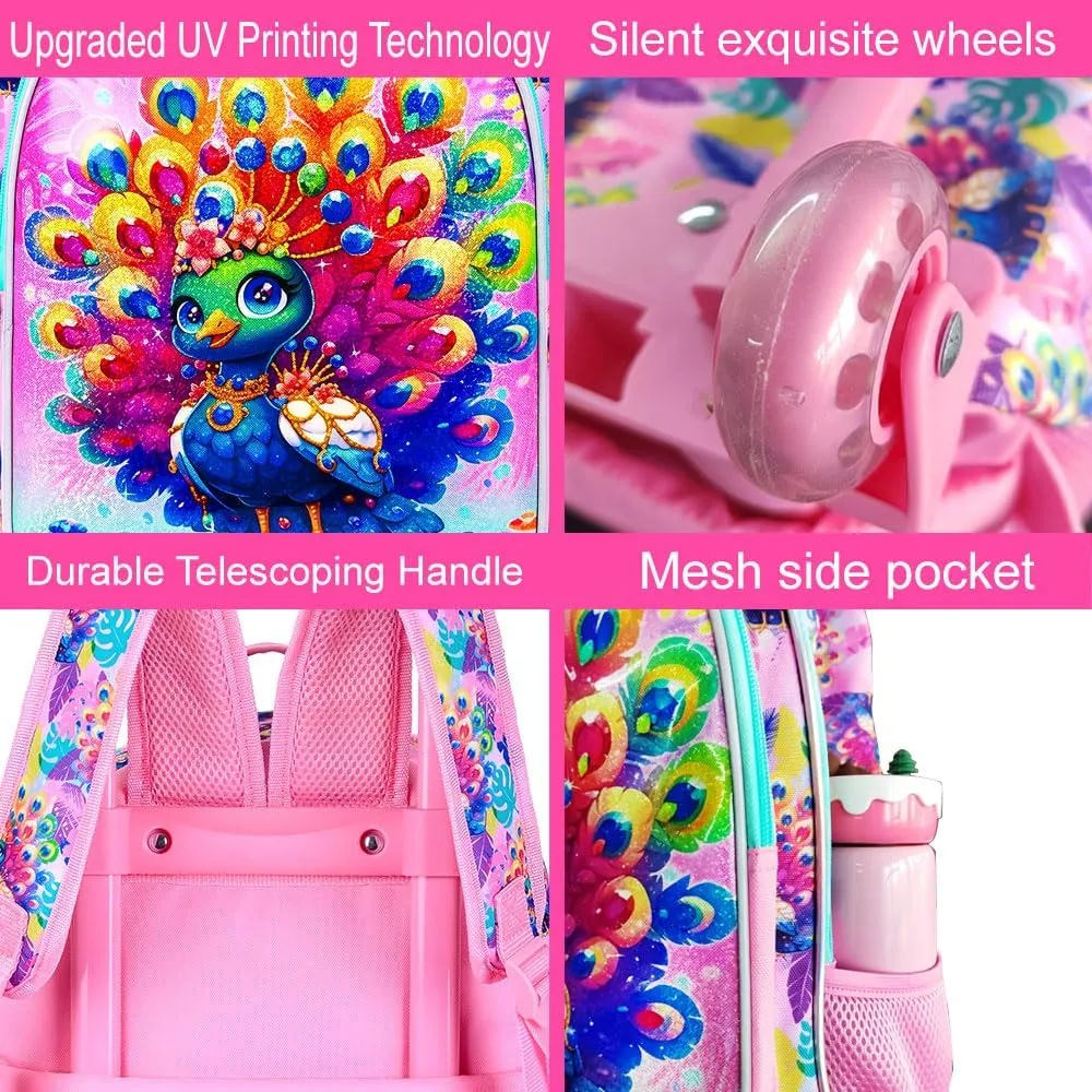 3Pcs Rolling Backpack for Girls, Kids Roller School Backpack with Wheels, Peacock Wheeled Bookbag for Elementary Preschool Kindergarten(Pink)