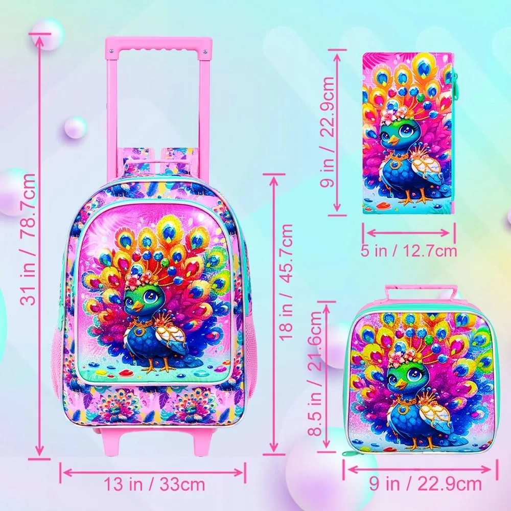 3Pcs Rolling Backpack for Girls, Kids Roller School Backpack with Wheels, Peacock Wheeled Bookbag for Elementary Preschool Kindergarten(Pink)