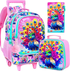 3Pcs Rolling Backpack for Girls, Kids Roller School Backpack with Wheels, Peacock Wheeled Bookbag for Elementary Preschool Kindergarten(Pink)