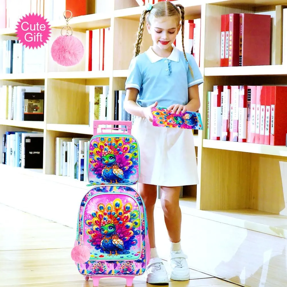 3Pcs Rolling Backpack for Girls, Kids Roller School Backpack with Wheels, Peacock Wheeled Bookbag for Elementary Preschool Kindergarten(Pink)
