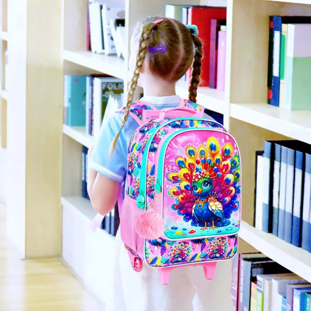 3Pcs Rolling Backpack for Girls, Kids Roller School Backpack with Wheels, Peacock Wheeled Bookbag for Elementary Preschool Kindergarten(Pink)