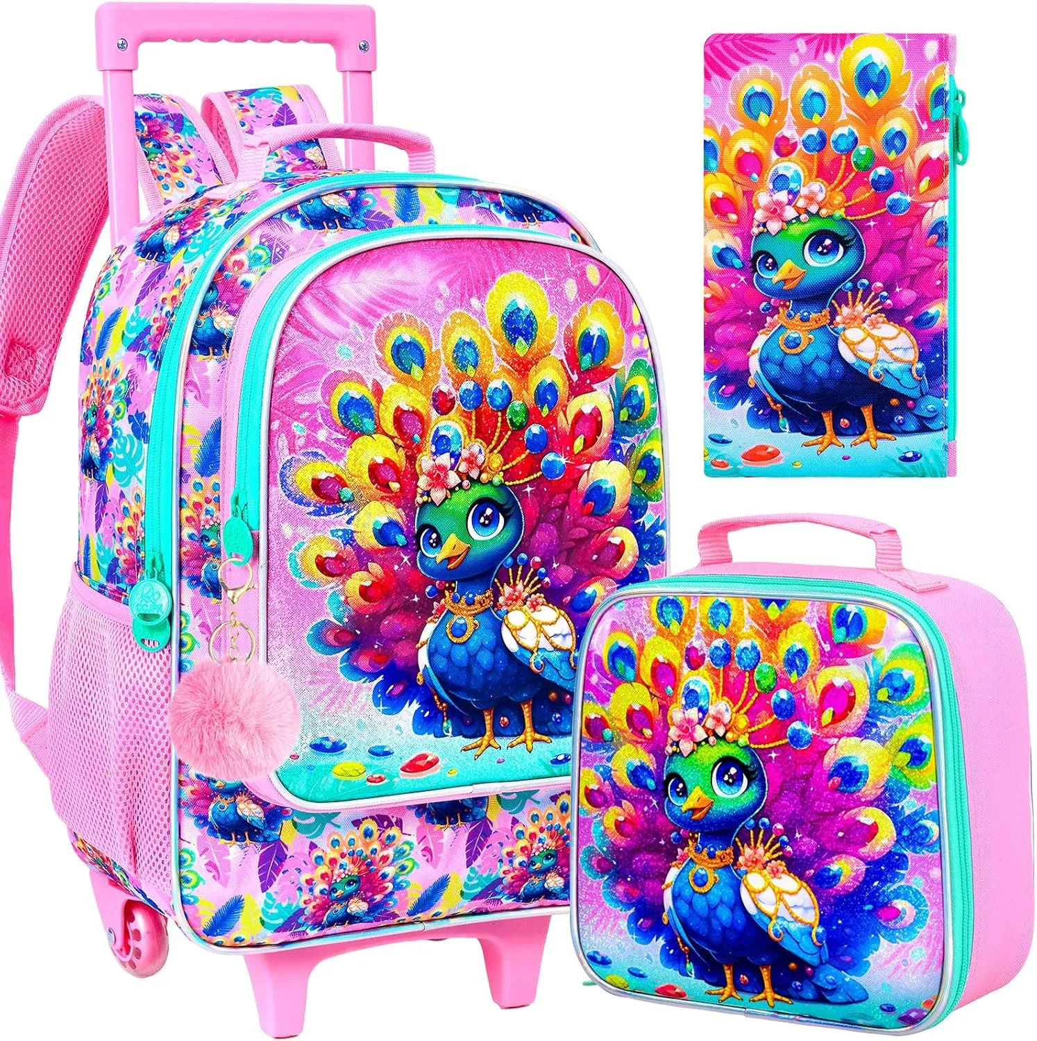 3Pcs Rolling Backpack for Girls, Kids Roller School Backpack with Wheels, Peacock Wheeled Bookbag for Elementary Preschool Kindergarten(Pink)
