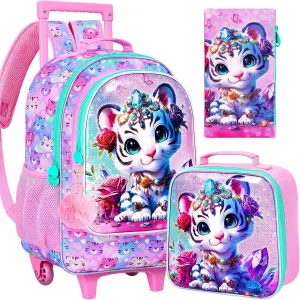 3Pcs Rolling Backpack for Girls, Kids Roller School Backpack with Wheels, Tiger Wheeled Bookbag for Elementary Preschool Kindergarten(Pink)