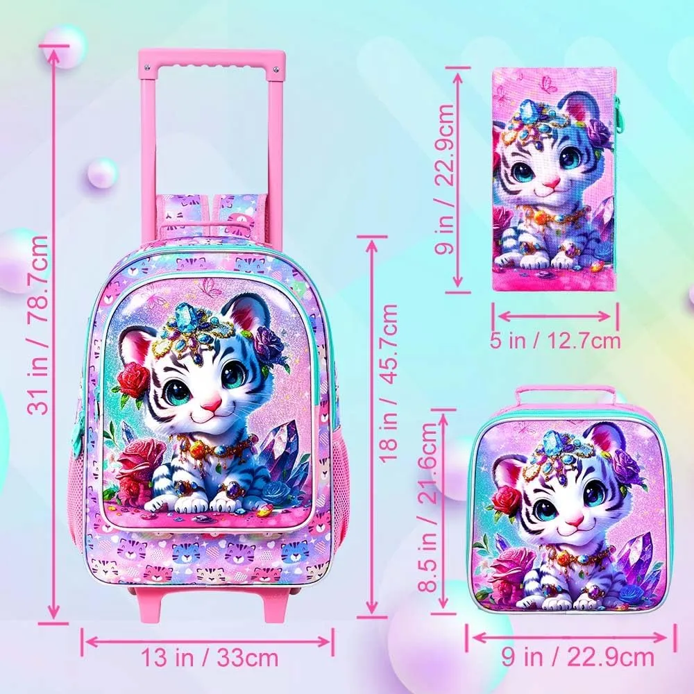 3Pcs Rolling Backpack for Girls, Kids Roller School Backpack with Wheels, Tiger Wheeled Bookbag for Elementary Preschool Kindergarten(Pink)