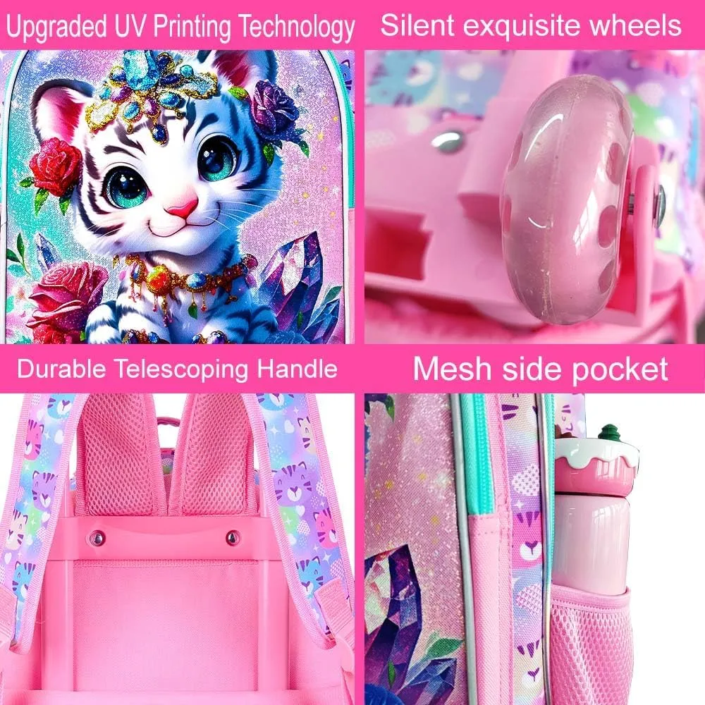 3Pcs Rolling Backpack for Girls, Kids Roller School Backpack with Wheels, Tiger Wheeled Bookbag for Elementary Preschool Kindergarten(Pink)