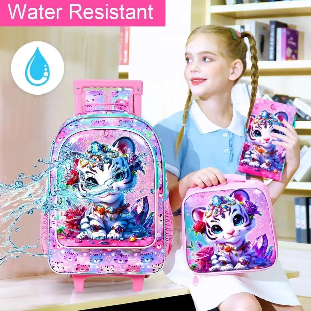 3Pcs Rolling Backpack for Girls, Kids Roller School Backpack with Wheels, Tiger Wheeled Bookbag for Elementary Preschool Kindergarten(Pink)
