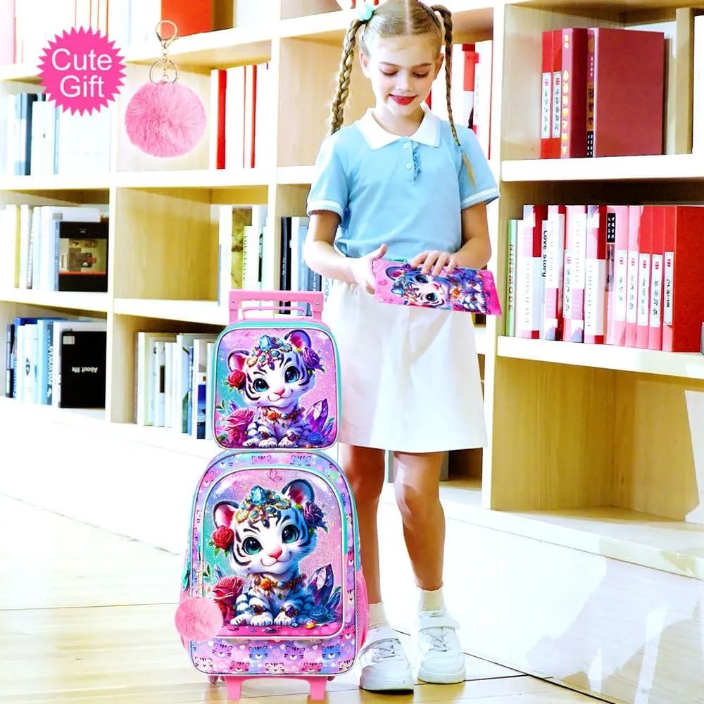 3Pcs Rolling Backpack for Girls, Kids Roller School Backpack with Wheels, Tiger Wheeled Bookbag for Elementary Preschool Kindergarten(Pink)