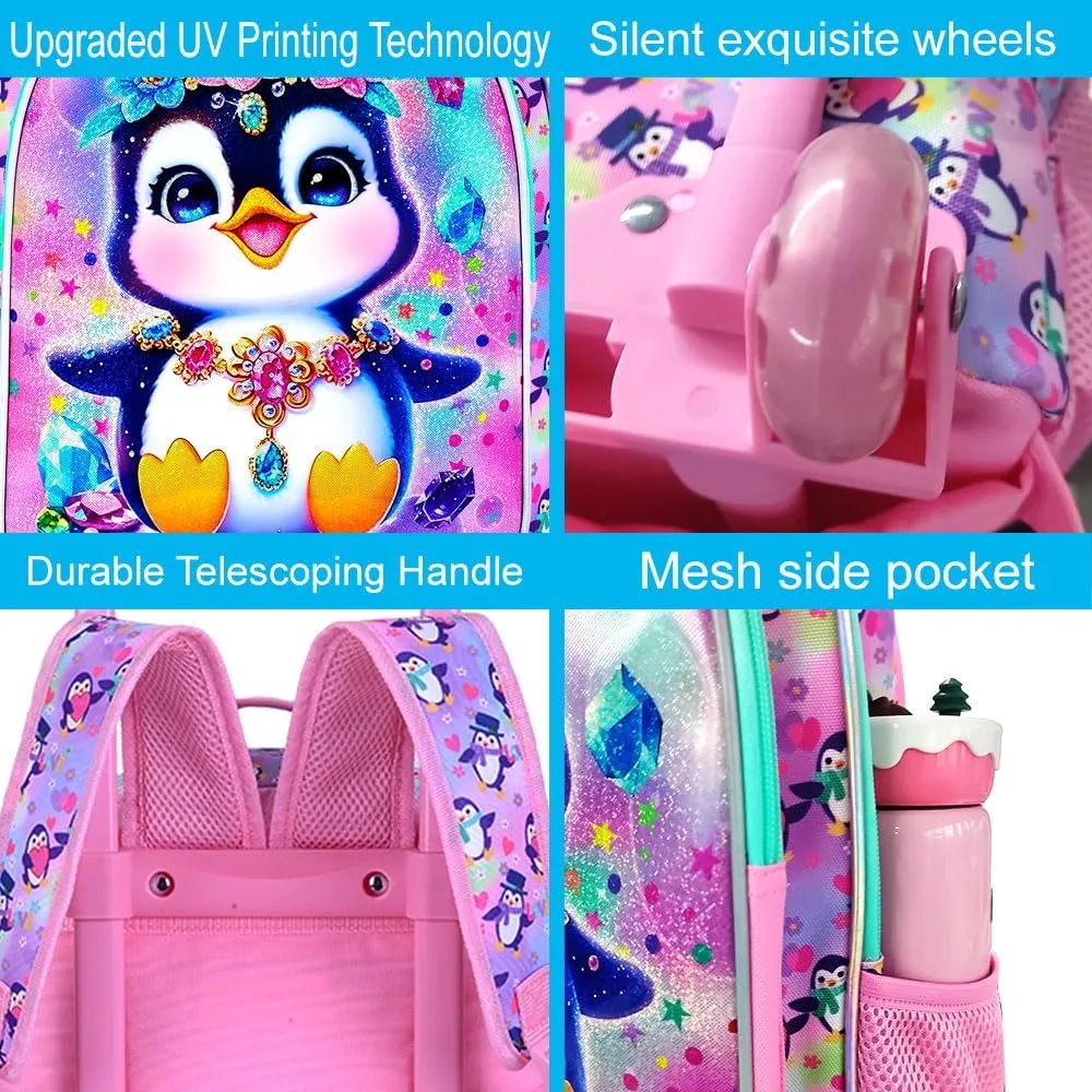 3Pcs Rolling Backpack for Girls, Penguins Kids School Backpacks with Wheels, Roller Bookbag with Lunch Box for Elementary Preschool(Pink)