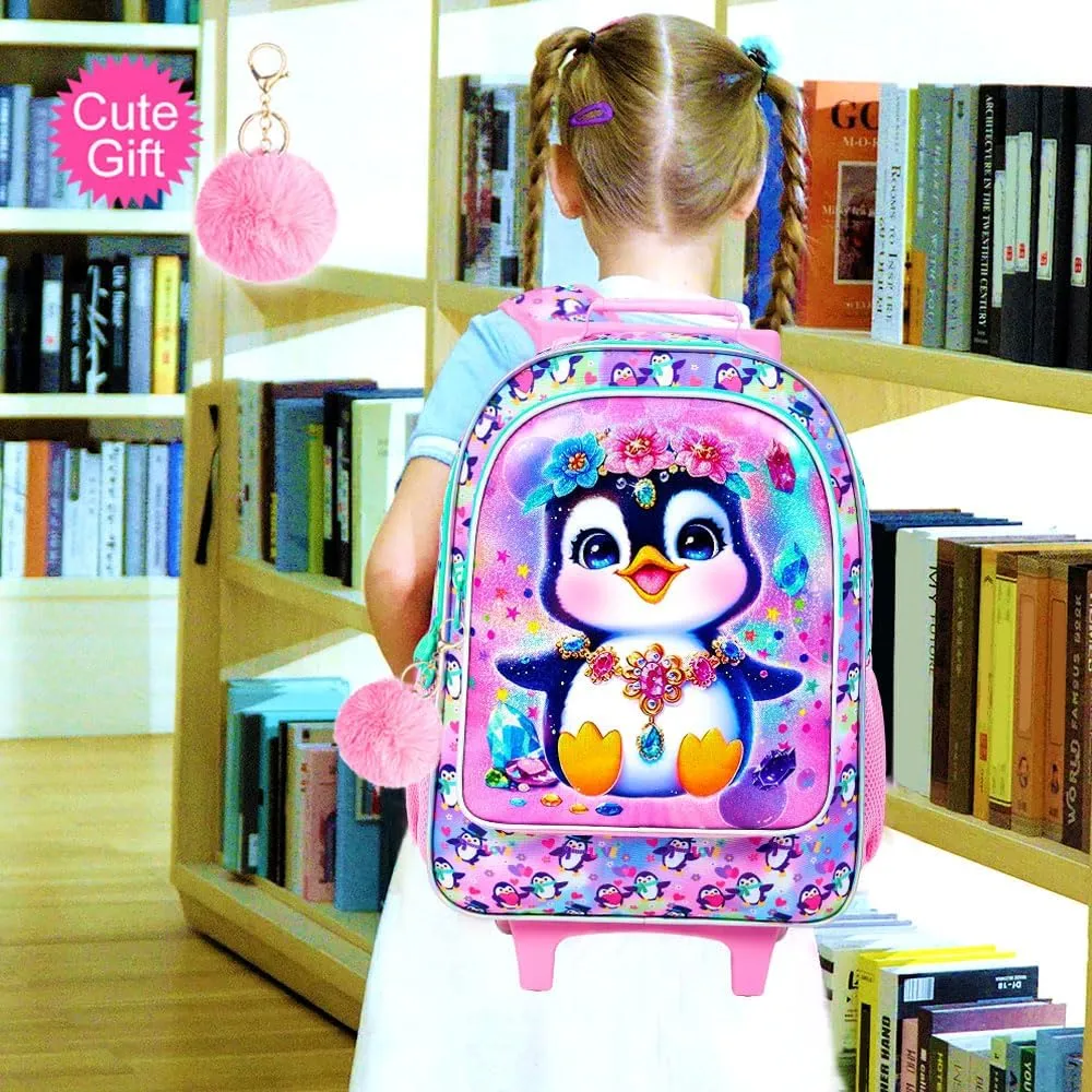 3Pcs Rolling Backpack for Girls, Penguins Kids School Backpacks with Wheels, Roller Bookbag with Lunch Box for Elementary Preschool(Pink)