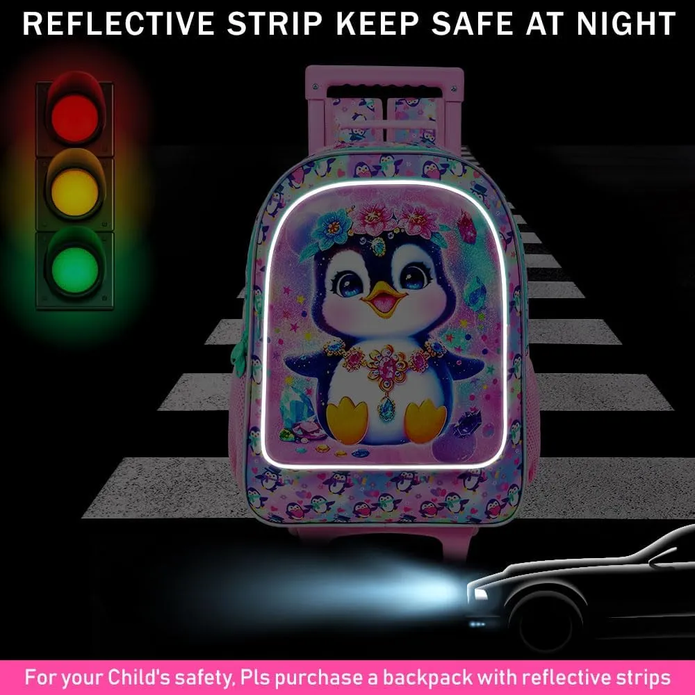 3Pcs Rolling Backpack for Girls, Penguins Kids School Backpacks with Wheels, Roller Bookbag with Lunch Box for Elementary Preschool(Pink)