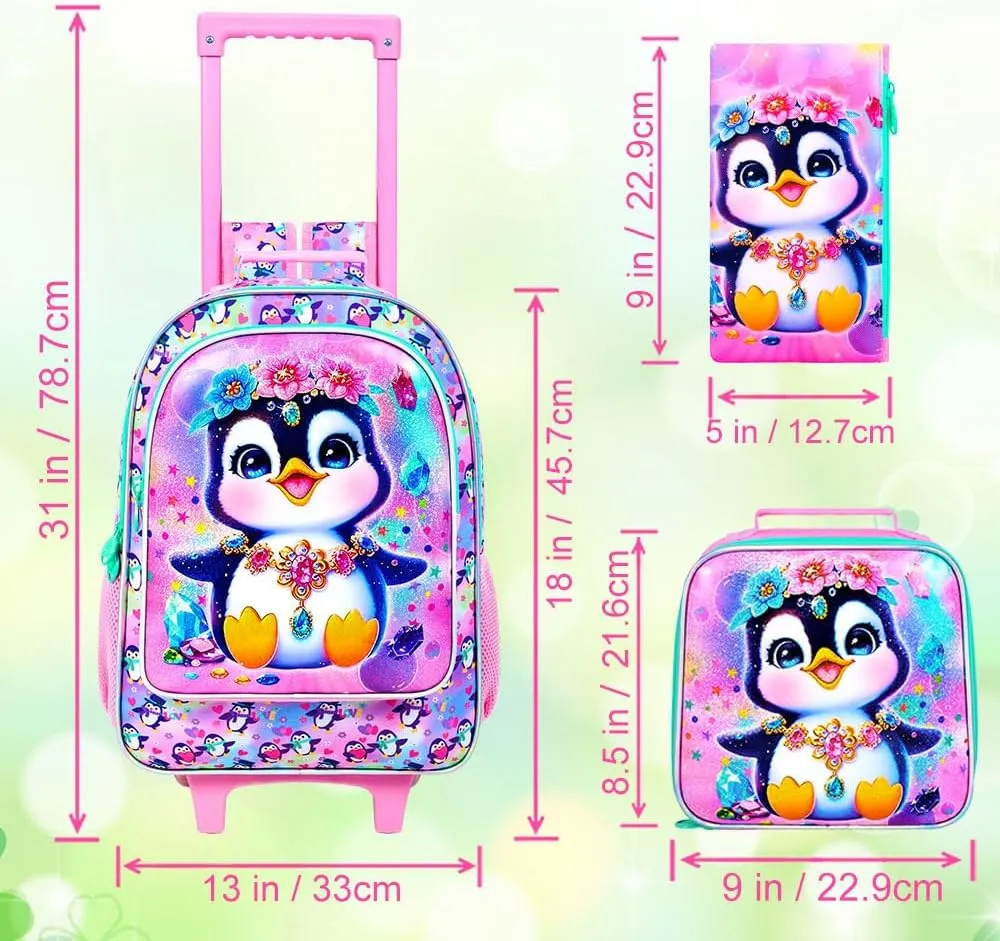 3Pcs Rolling Backpack for Girls, Penguins Kids School Backpacks with Wheels, Roller Bookbag with Lunch Box for Elementary Preschool(Pink)