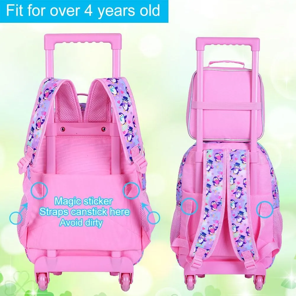 3Pcs Rolling Backpack for Girls, Penguins Kids School Backpacks with Wheels, Roller Bookbag with Lunch Box for Elementary Preschool(Pink)