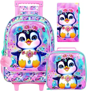 3Pcs Rolling Backpack for Girls, Penguins Kids School Backpacks with Wheels, Roller Bookbag with Lunch Box for Elementary Preschool(Pink)