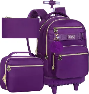 3Pcs Rolling Backpack for Girls Women, 19 Inche Adults Roller Backpacks with Wheels, School Wheeled Bookbag with Lunch Box(Deep Purple)