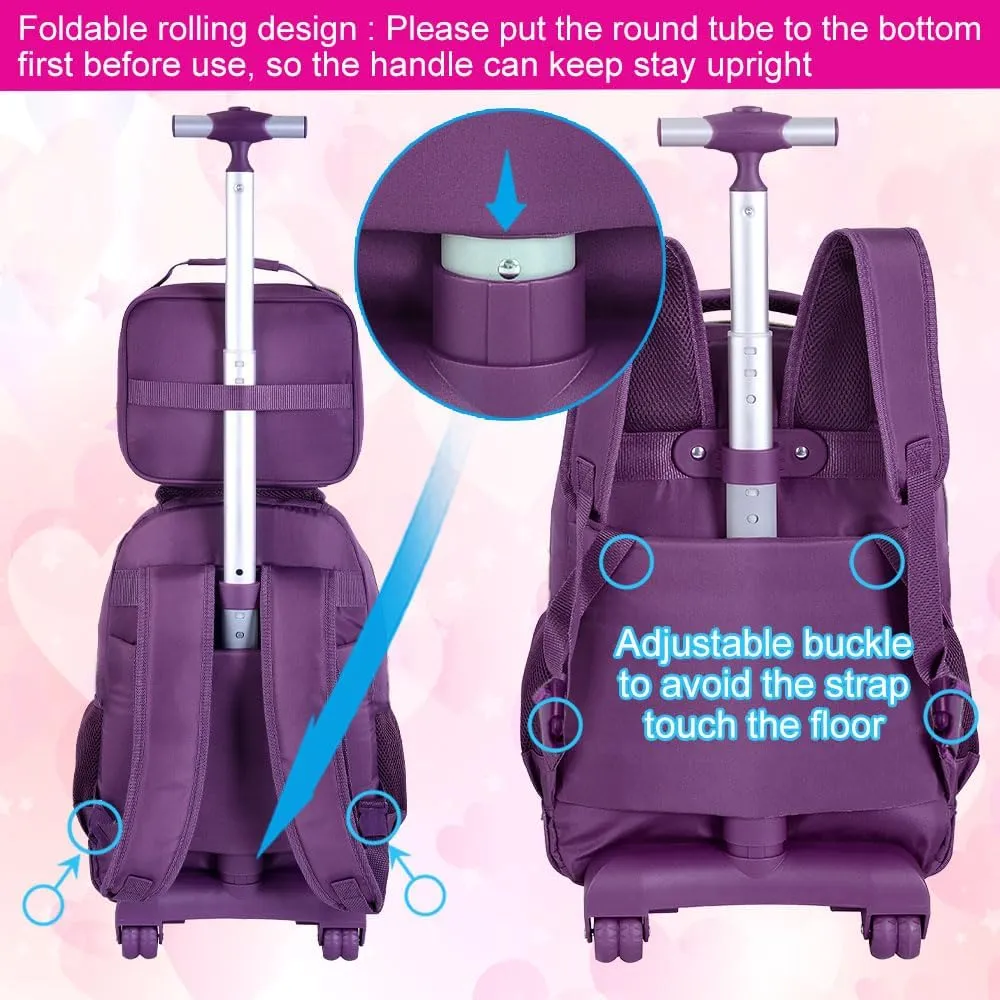 3Pcs Rolling Backpack for Girls Women, 19 Inche Adults Roller Backpacks with Wheels, School Wheeled Bookbag with Lunch Box(Deep Purple)
