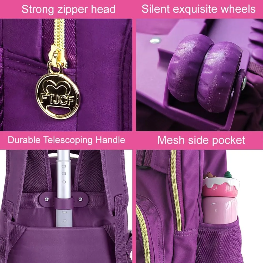 3Pcs Rolling Backpack for Girls Women, 19 Inche Adults Roller Backpacks with Wheels, School Wheeled Bookbag with Lunch Box(Deep Purple)