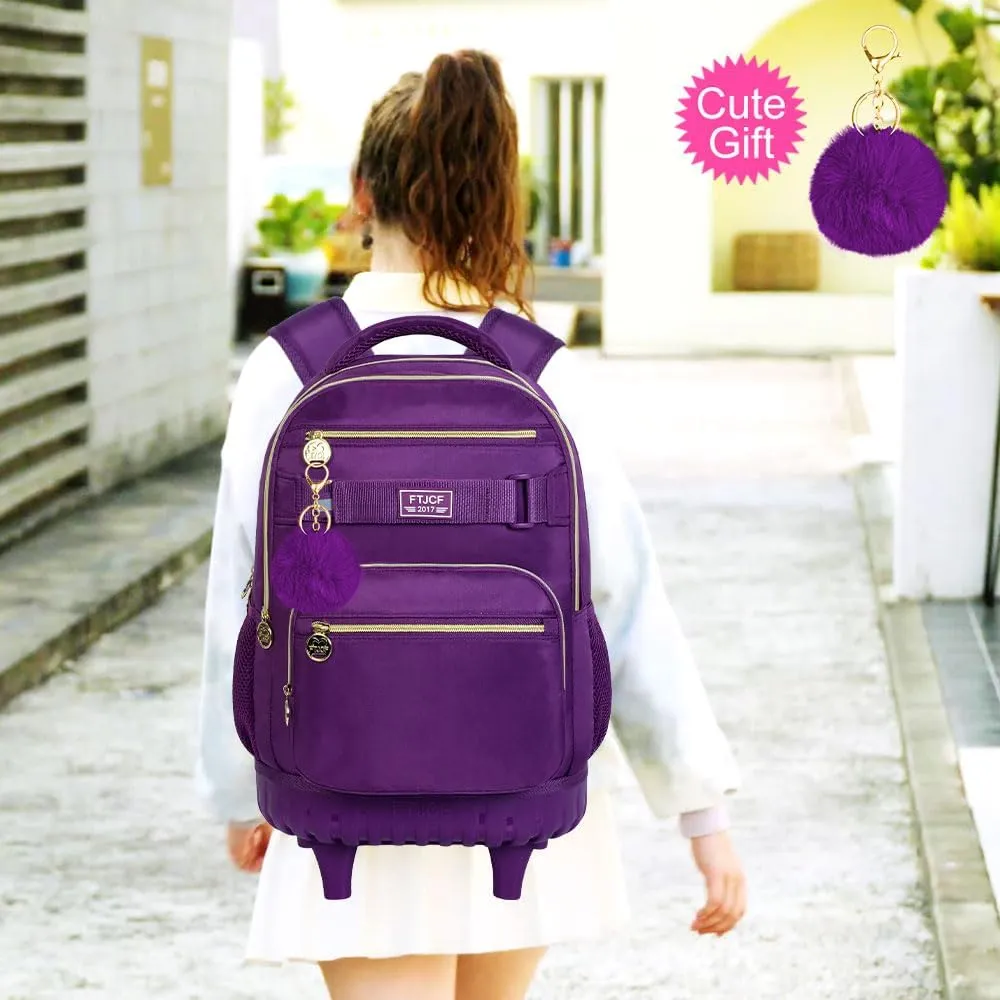 3Pcs Rolling Backpack for Girls Women, 19 Inche Adults Roller Backpacks with Wheels, School Wheeled Bookbag with Lunch Box(Deep Purple)
