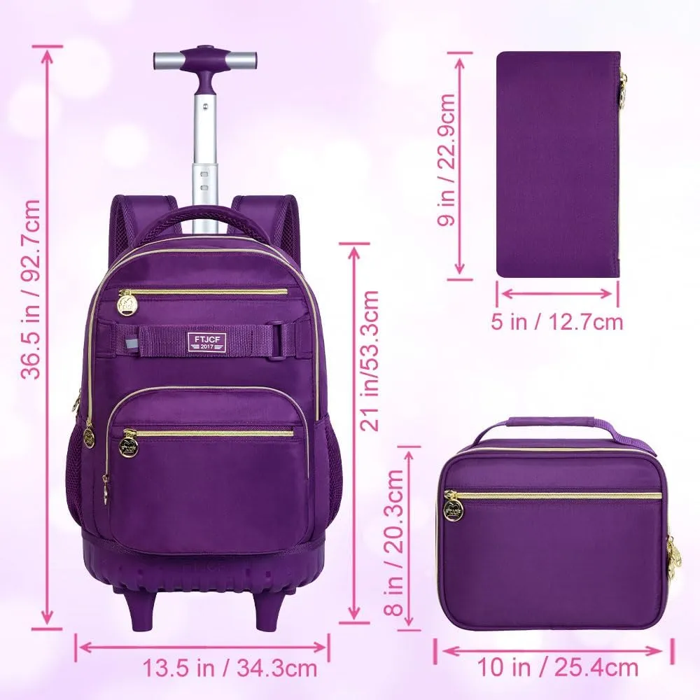 3Pcs Rolling Backpack for Girls Women, 19 Inche Adults Roller Backpacks with Wheels, School Wheeled Bookbag with Lunch Box(Deep Purple)