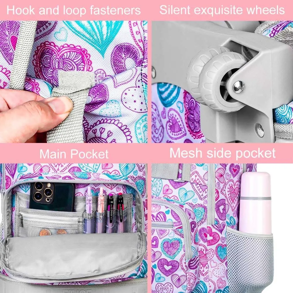 3Pcs Rolling Backpack for Girls Women, Travel Roller Backpacks with Wheels for Adults, Teens College Love Wheeled Bookbag with Lunch Box(Ash Powder)