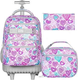 3Pcs Rolling Backpack for Girls Women, Travel Roller Backpacks with Wheels for Adults, Teens College Love Wheeled Bookbag with Lunch Box(Ash Powder)
