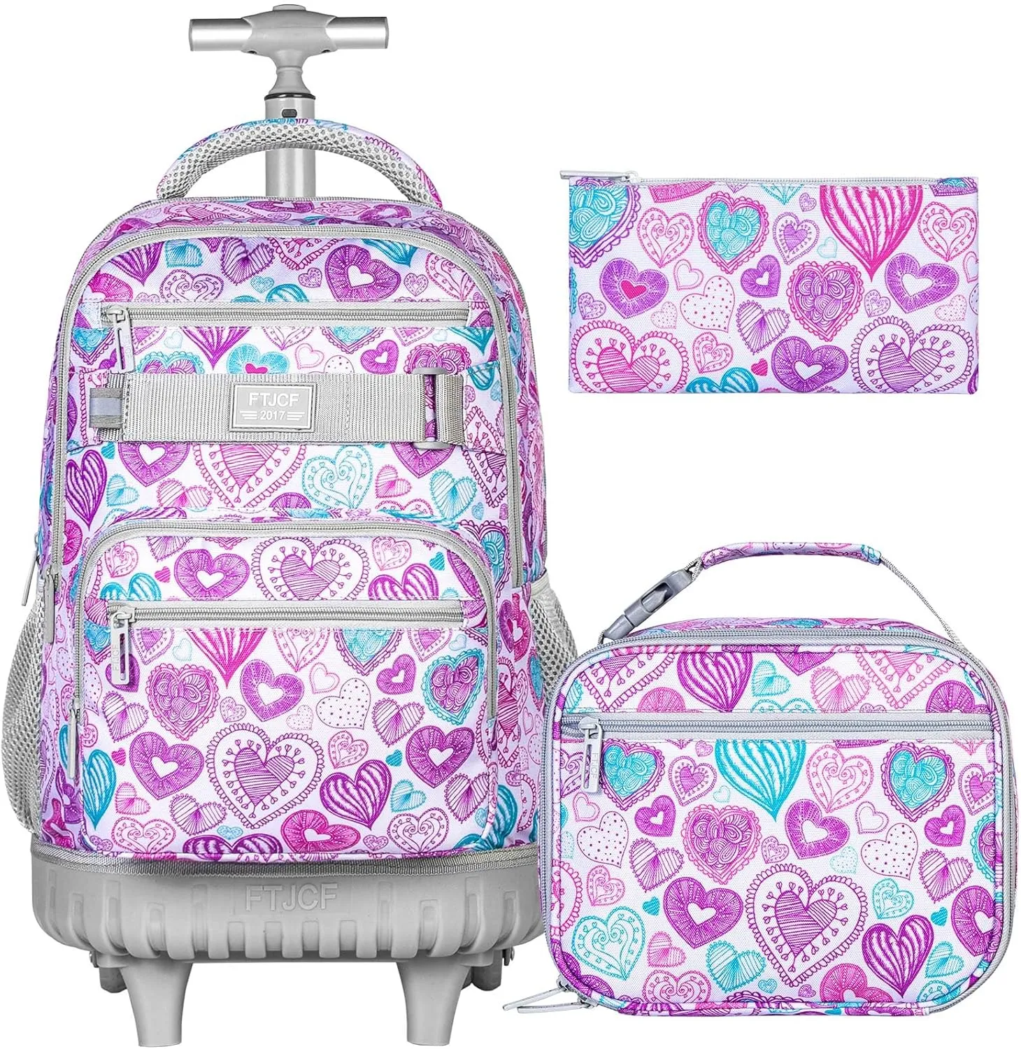 3Pcs Rolling Backpack for Girls Women, Travel Roller Backpacks with Wheels for Adults, Teens College Love Wheeled Bookbag with Lunch Box(Ash Powder)