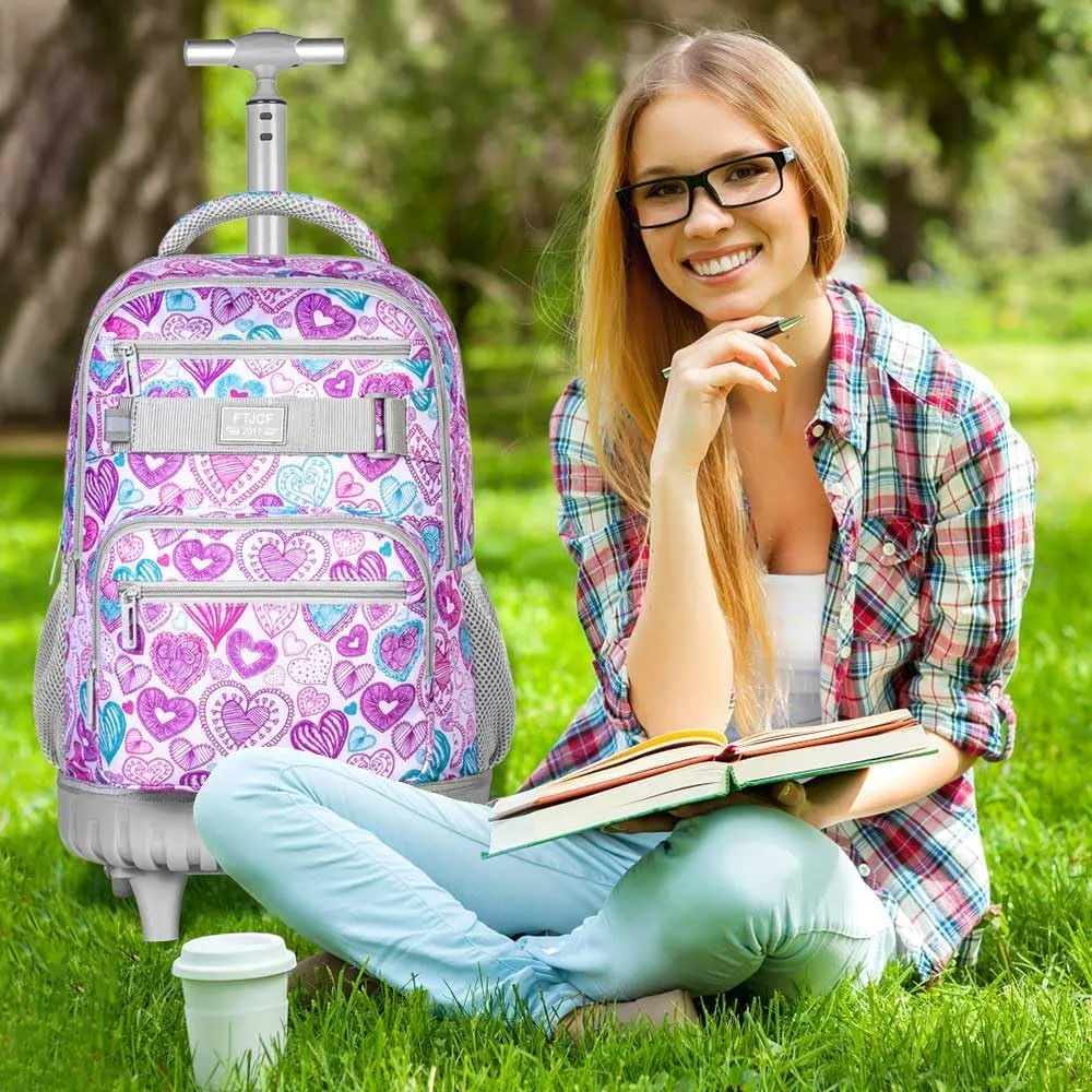3Pcs Rolling Backpack for Girls Women, Travel Roller Backpacks with Wheels for Adults, Teens College Love Wheeled Bookbag with Lunch Box(Ash Powder)