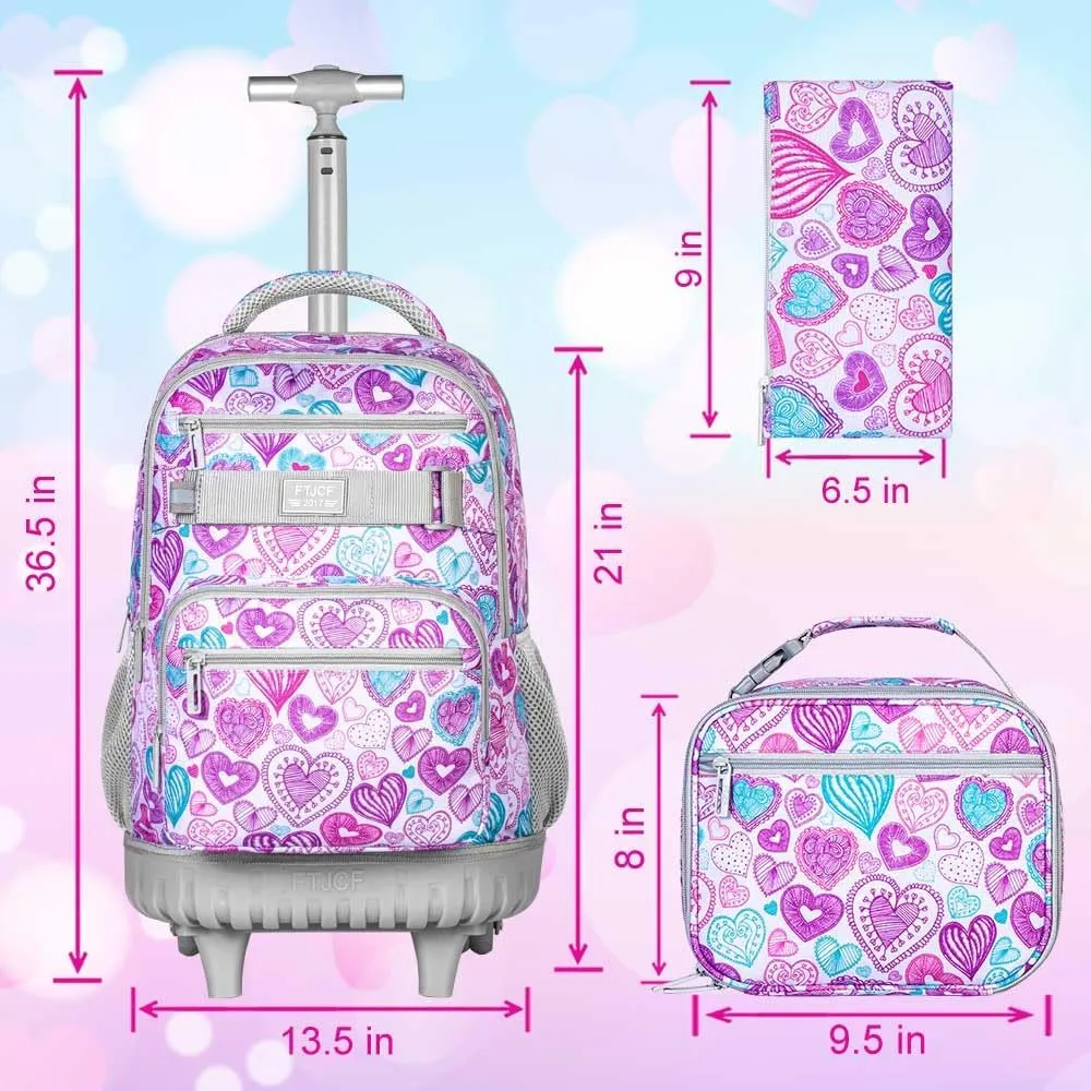 3Pcs Rolling Backpack for Girls Women, Travel Roller Backpacks with Wheels for Adults, Teens College Love Wheeled Bookbag with Lunch Box(Ash Powder)