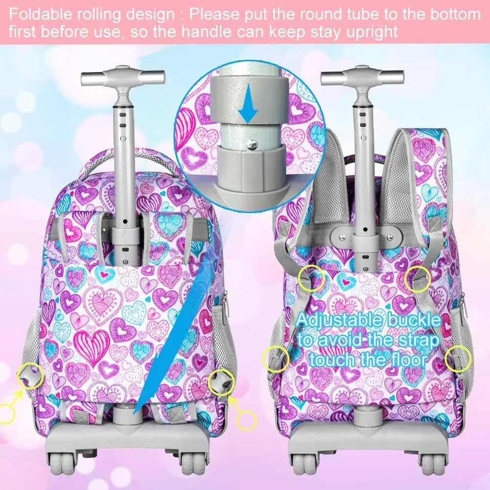 3Pcs Rolling Backpack for Girls Women, Travel Roller Backpacks with Wheels for Adults, Teens College Love Wheeled Bookbag with Lunch Box(Ash Powder)