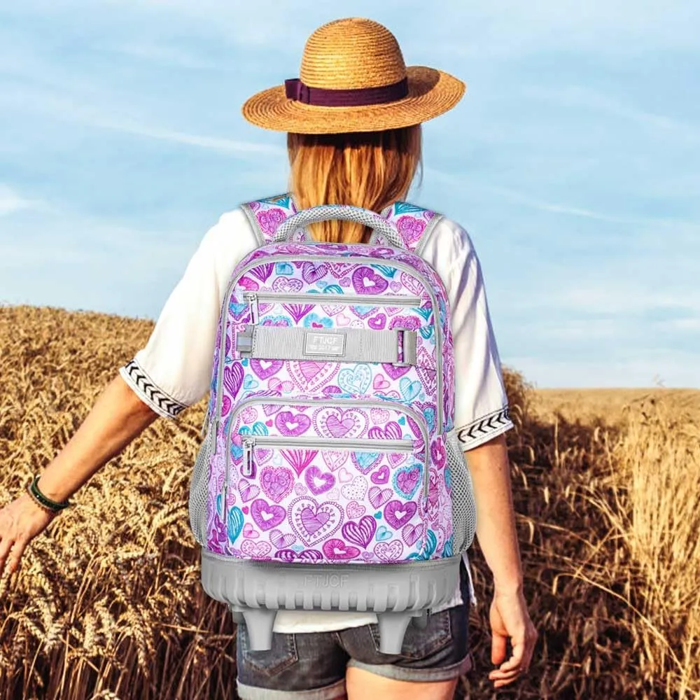 3Pcs Rolling Backpack for Girls Women, Travel Roller Backpacks with Wheels for Adults, Teens College Love Wheeled Bookbag with Lunch Box(Ash Powder)