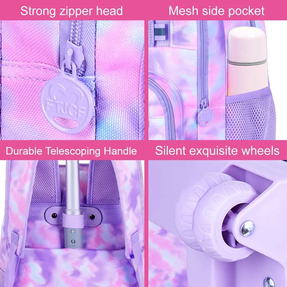 3Pcs Rolling Backpack for Girls Women, Travel Roller Backpacks with Wheels for Adults, Teens College Tie-Dye Wheeled Bookbag with Lunch Box(Purple)