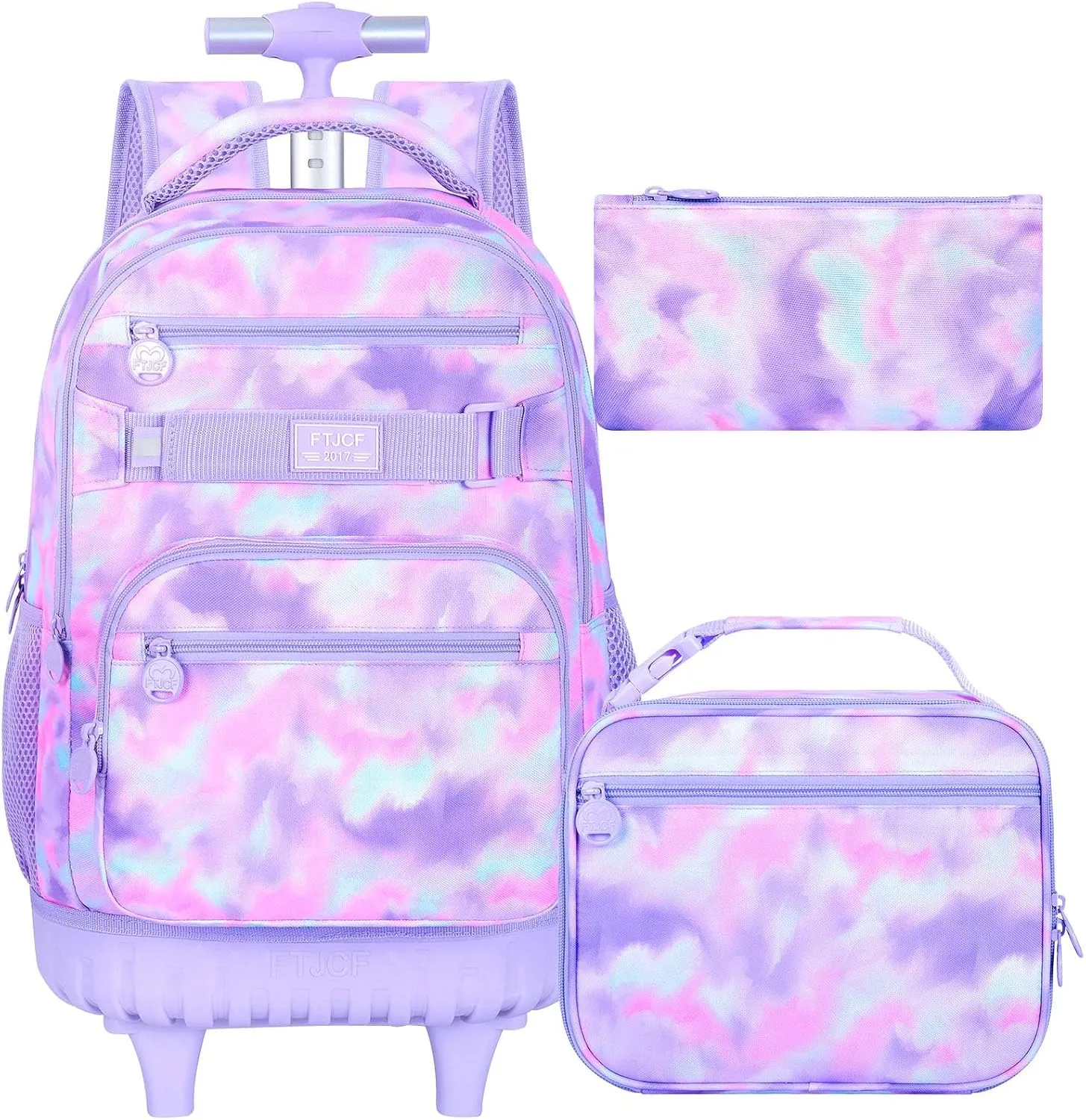 3Pcs Rolling Backpack for Girls Women, Travel Roller Backpacks with Wheels for Adults, Teens College Tie-Dye Wheeled Bookbag with Lunch Box(Purple)