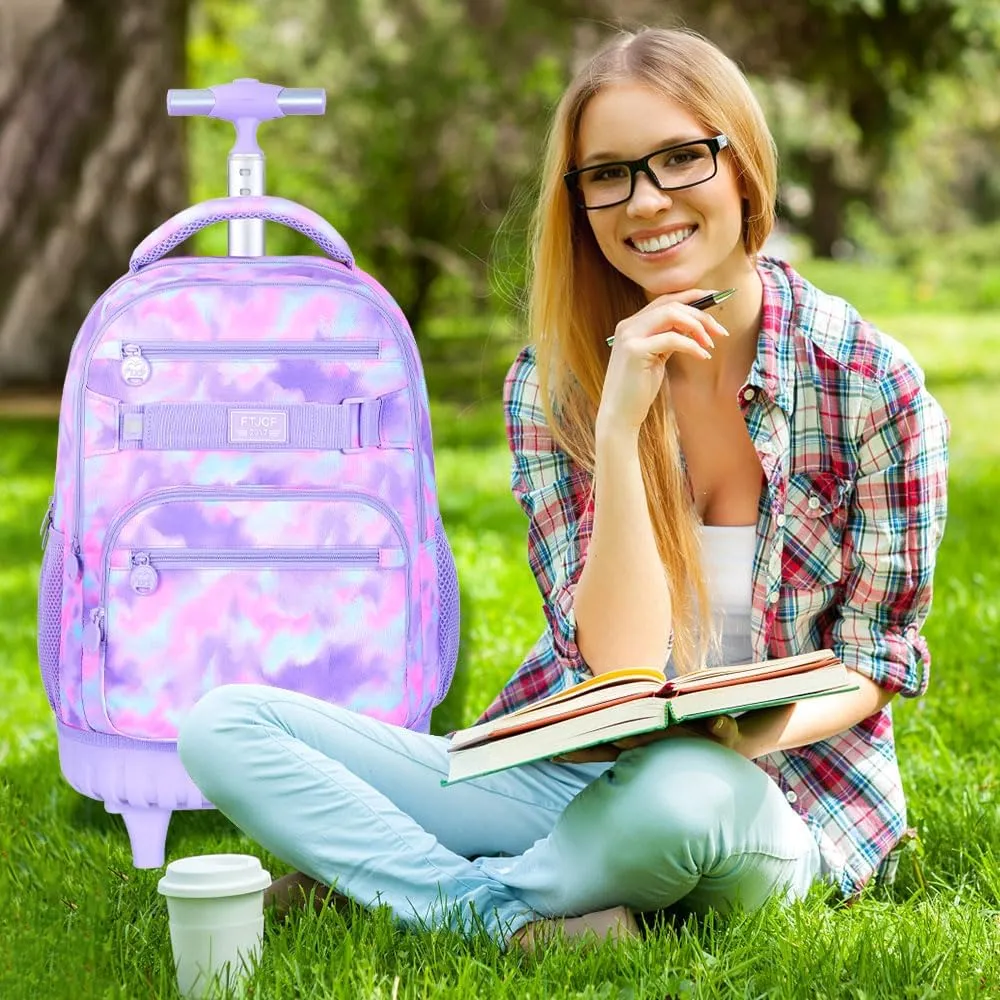 3Pcs Rolling Backpack for Girls Women, Travel Roller Backpacks with Wheels for Adults, Teens College Tie-Dye Wheeled Bookbag with Lunch Box(Purple)