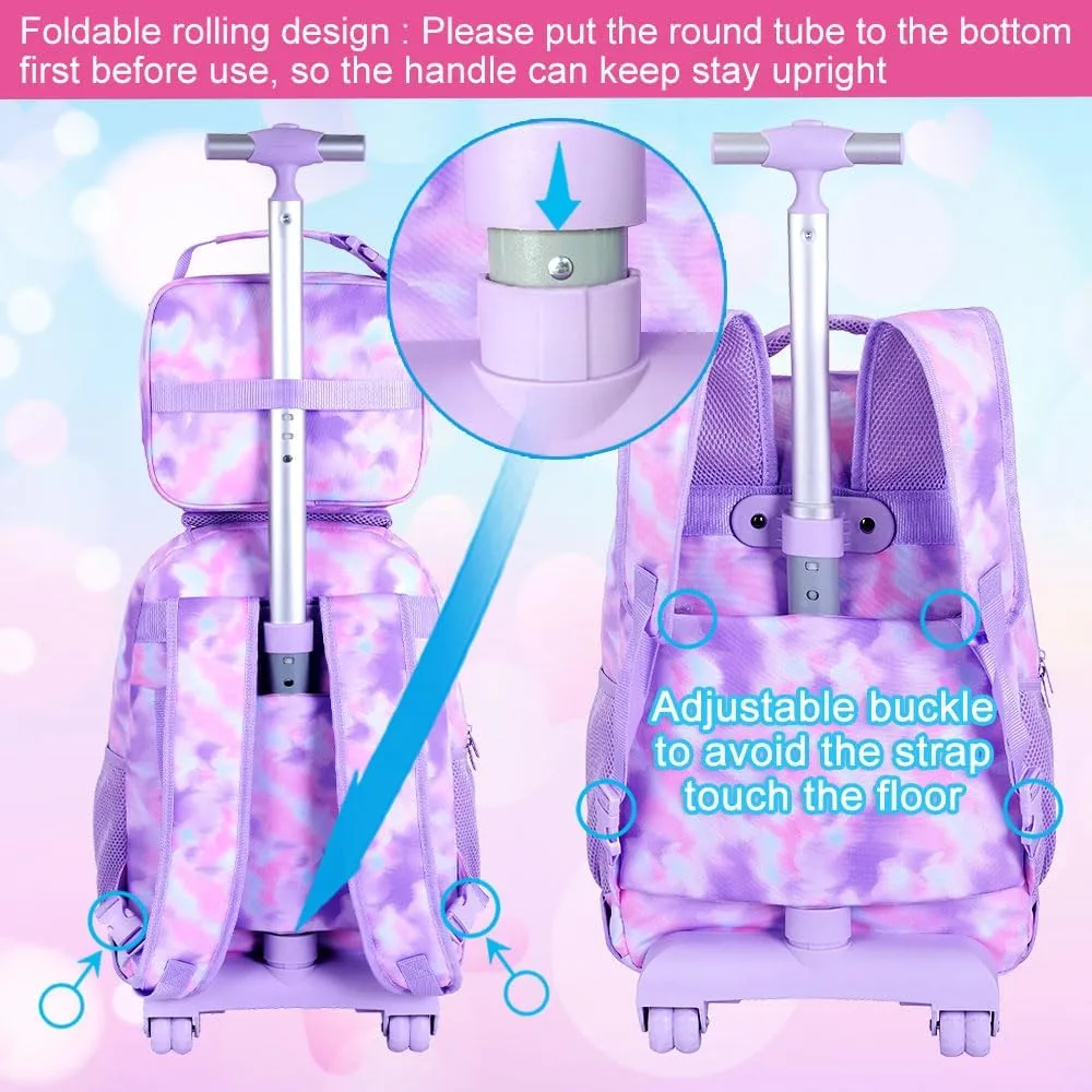 3Pcs Rolling Backpack for Girls Women, Travel Roller Backpacks with Wheels for Adults, Teens College Tie-Dye Wheeled Bookbag with Lunch Box(Purple)