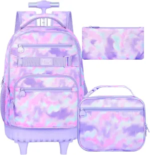 3Pcs Rolling Backpack for Girls Women, Travel Roller Backpacks with Wheels for Adults, Teens College Tie-Dye Wheeled Bookbag with Lunch Box(Purple)