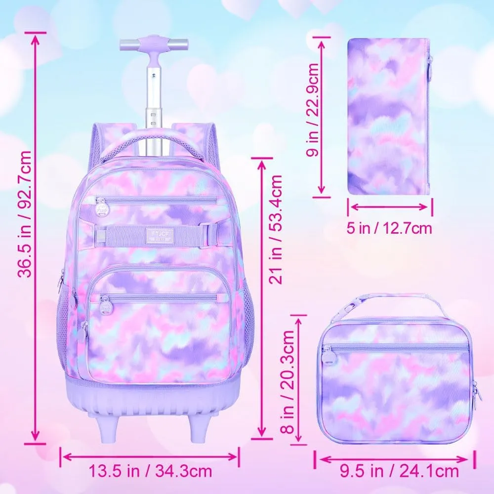 3Pcs Rolling Backpack for Girls Women, Travel Roller Backpacks with Wheels for Adults, Teens College Tie-Dye Wheeled Bookbag with Lunch Box(Purple)