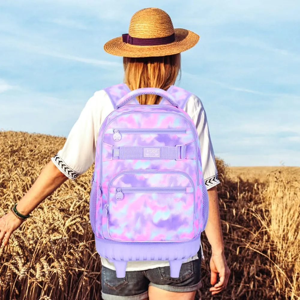 3Pcs Rolling Backpack for Girls Women, Travel Roller Backpacks with Wheels for Adults, Teens College Tie-Dye Wheeled Bookbag with Lunch Box(Purple)