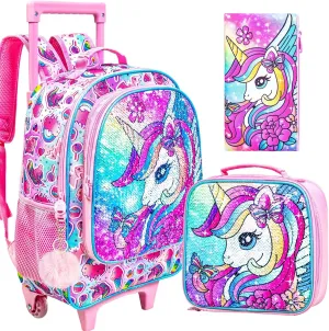 3Pcs Unicorn Rolling Backpack for Girls, Kids School Backpacks with Wheels, Roller Bookbag with Lunch Box for Elementary Preschool(Pink)