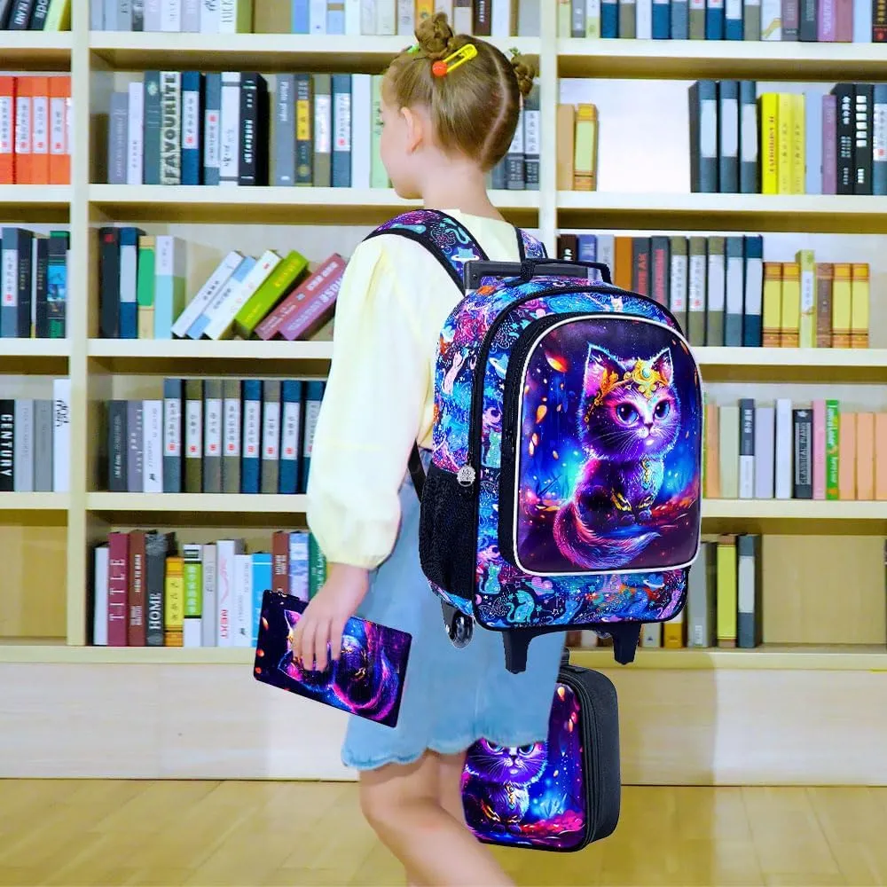4PCS Rolling Backpack for Girls, Kids Cat Roller Backpacks with Wheels, Water ResWheeled Bookbag Set for Toddler Elementary School