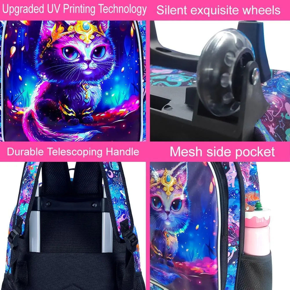 4PCS Rolling Backpack for Girls, Kids Cat Roller Backpacks with Wheels, Water ResWheeled Bookbag Set for Toddler Elementary School