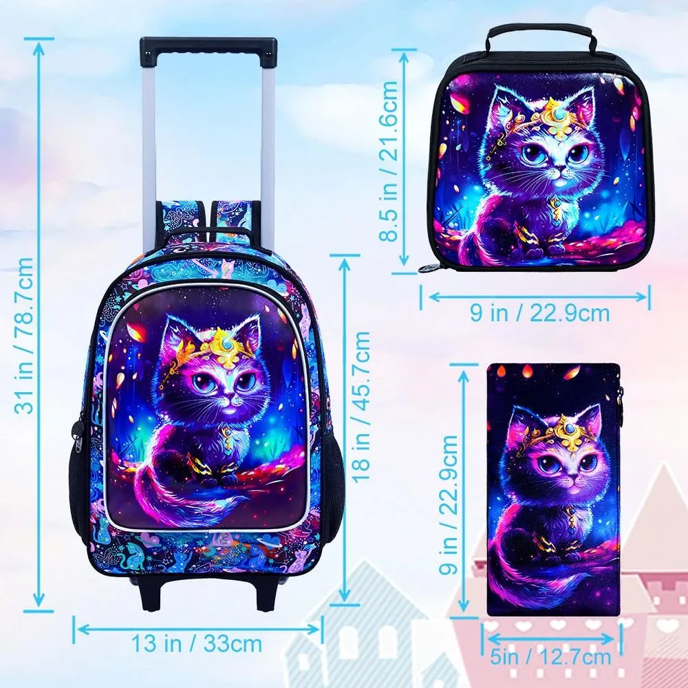 4PCS Rolling Backpack for Girls, Kids Cat Roller Backpacks with Wheels, Water ResWheeled Bookbag Set for Toddler Elementary School