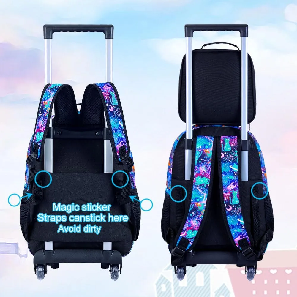 4PCS Rolling Backpack for Girls, Kids Cat Roller Backpacks with Wheels, Water ResWheeled Bookbag Set for Toddler Elementary School
