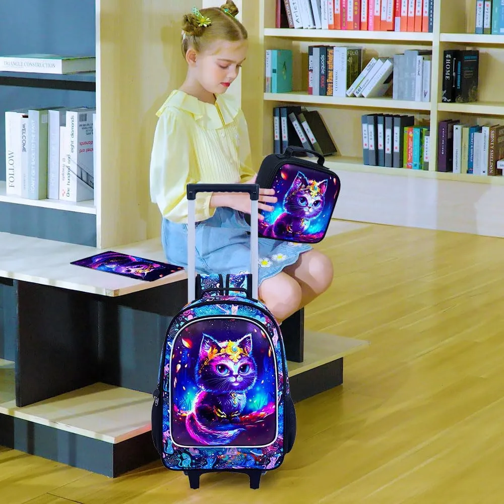 4PCS Rolling Backpack for Girls, Kids Cat Roller Backpacks with Wheels, Water ResWheeled Bookbag Set for Toddler Elementary School
