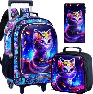4PCS Rolling Backpack for Girls, Kids Cat Roller Backpacks with Wheels, Water ResWheeled Bookbag Set for Toddler Elementary School