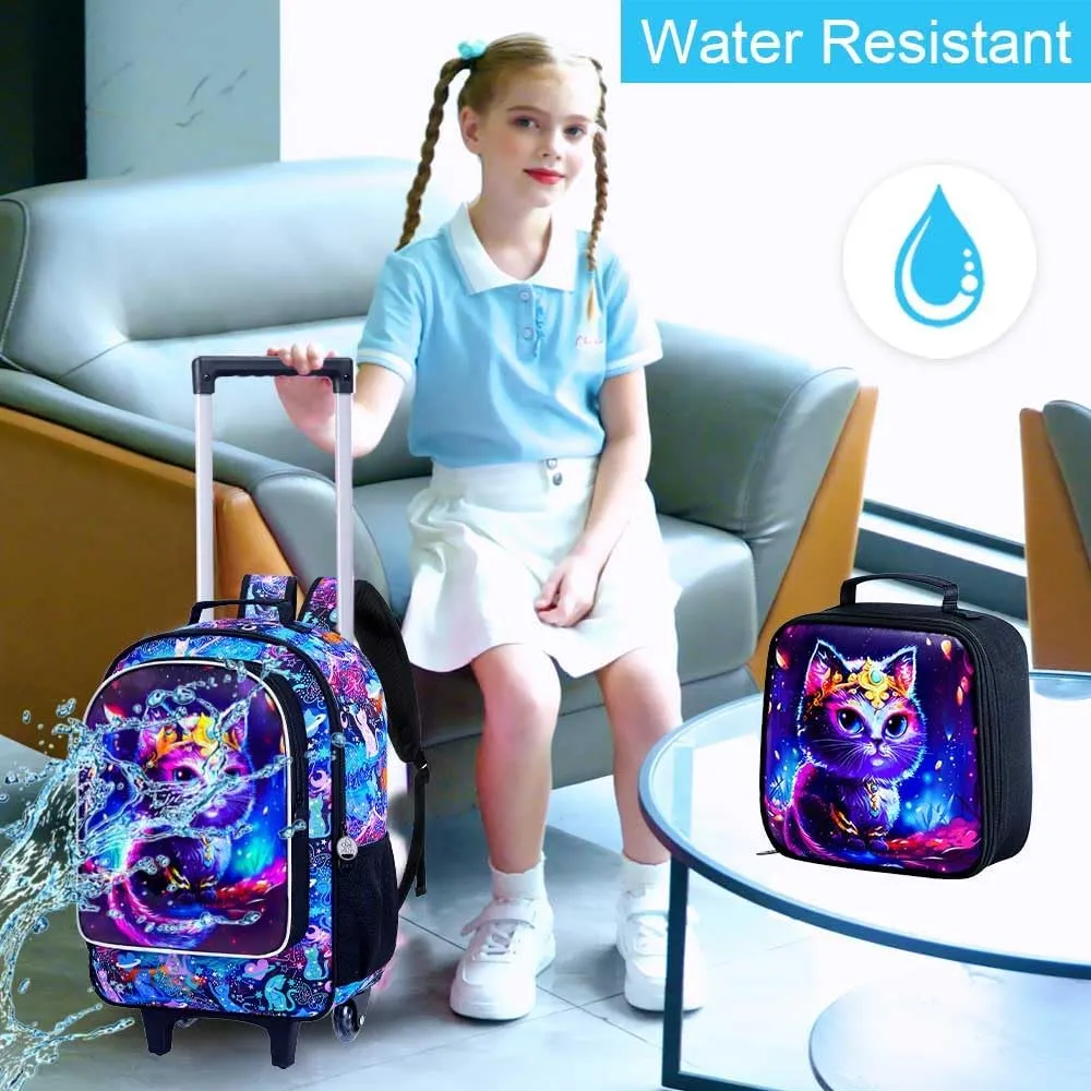 4PCS Rolling Backpack for Girls, Kids Cat Roller Backpacks with Wheels, Water ResWheeled Bookbag Set for Toddler Elementary School