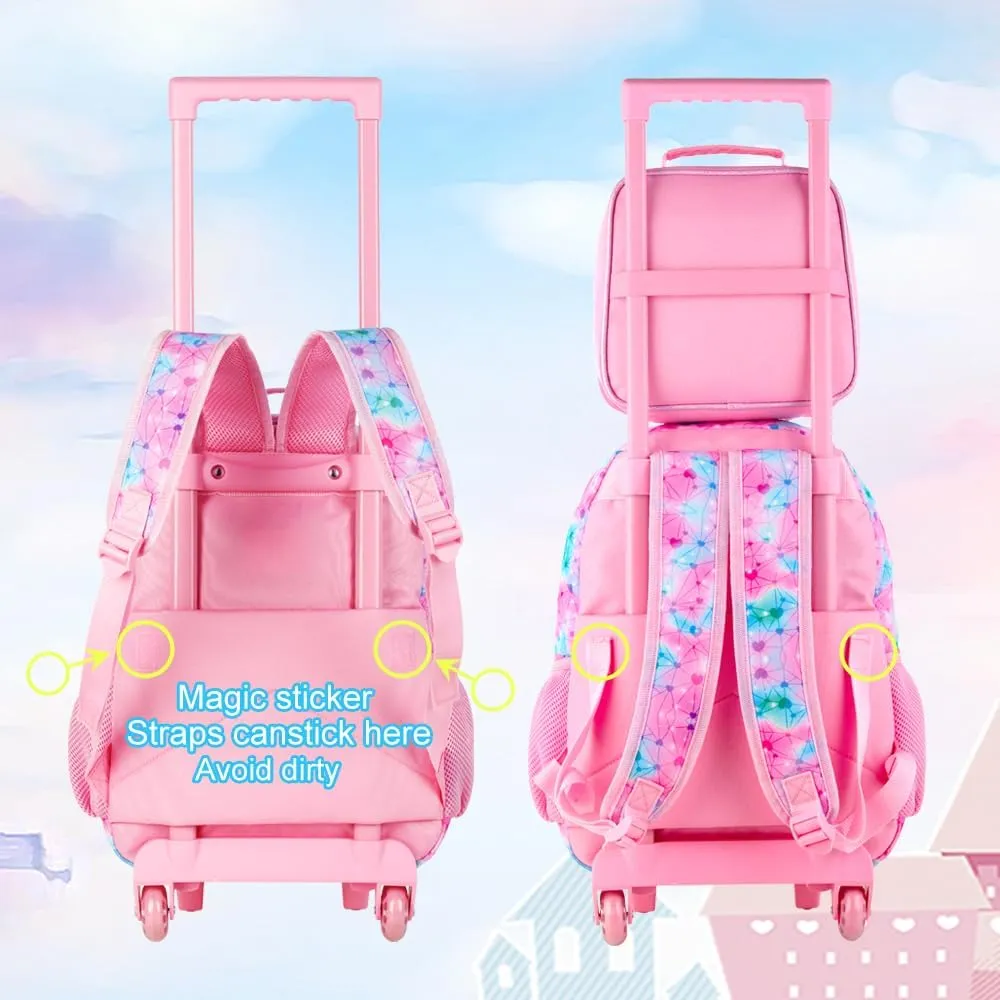 4PCS Rolling Backpack for Girls, Kids Mermaid Roller Backpacks with Wheels for Kids, Wheeled Bookbag Set for Toddler Elementary School